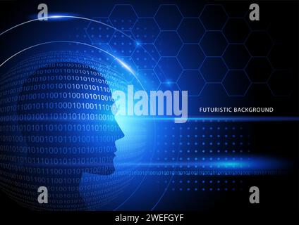 Vector illustration of blue futiristic background with human head and binary numbers, artificial intelligence, programming concept Stock Vector