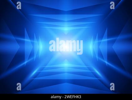 Abstract blue lights and arrow signs moving towards a single point of light, perspective vector background Stock Vector