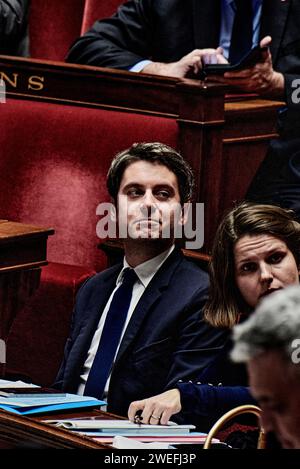 Paris, France. 23rd Jan, 2024. © Antonin Burat/Le Pictorium/MAXPPP - Paris 23/01/2024 Antonin Burat/Le Pictorium - 23/01/2024 - France/Paris - Le Premier ministre Gabriel Attal, lors de la seance de questions au gouvernement du 23 janvier 2024 a l'Assemblee nationale. Prime Minister Gabriel Attal, during the session of questions to the government of January 23, 2024, in the French National Assembly. - Valeurs ACtuelles out, jdd out, no jdd, RUSSIA OUT, NO RUSSIA #norussia/23/01/2024 - France/Paris - Credit: MAXPPP/Alamy Live News Stock Photo