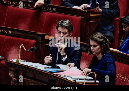 Paris, France. 23rd Jan, 2024. © Antonin Burat/Le Pictorium/MAXPPP - Paris 23/01/2024 Antonin Burat/Le Pictorium - 23/01/2024 - France/Paris - Le Premier ministre Gabriel Attal, lors de la seance de questions au gouvernement du 23 janvier 2024 a l'Assemblee nationale. Prime Minister Gabriel Attal, during the session of questions to the government of January 23, 2024, in the French National Assembly. - Valeurs ACtuelles out, jdd out, no jdd, RUSSIA OUT, NO RUSSIA #norussia/23/01/2024 - France/Paris - Credit: MAXPPP/Alamy Live News Stock Photo