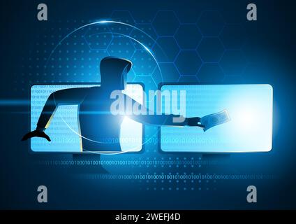 Vector illustration of a scammer stealing money, concept of cyber crime, malware, virus, and cyber security Stock Vector