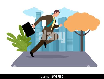 Simple flat vector illustration of a businessman running with briefcase on cityscape background Stock Vector