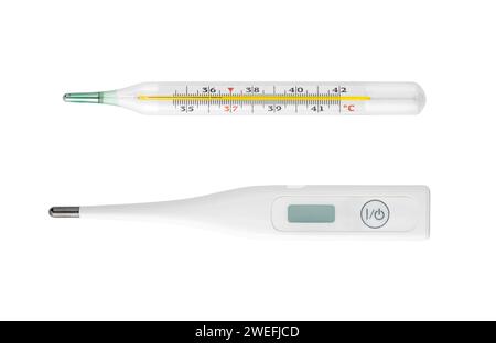 Medical thermometer, electronic and old mercury for measuring body temperature isolated on white background, set of two, closeup front view picture Stock Photo
