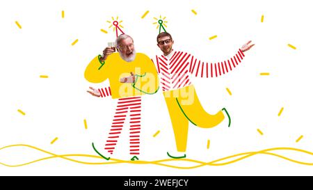 Modern aesthetic artwork. Two men in festive outfits with party hats and grogger against joyous confetti background. Stock Photo