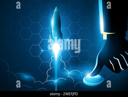 Businessman’s hand pressing a button to launch a rocket, concept for start up business. Modern technology background Stock Vector