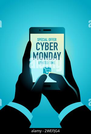 Cyber Monday promotion, hand using a smart phone to shop online, EPS 10 vector illustration Stock Vector