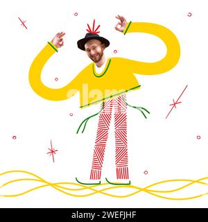 Contemporary art collage. Smiling person with festive attire and hat in playful pose against creative, abstract background. Stock Photo