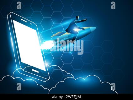 Business concept illustration of a businessman riding a rocket comes out from smart phones' screen. Start up business, business launching concept Stock Vector