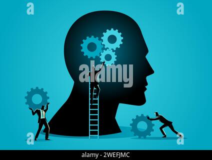 Businessmen working together installing gears in human head, business initiative, mindset improvement concept Stock Vector