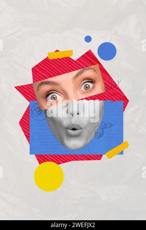 Composite collage picture image of shocked female face pouted lips paper parts tore elements poster weird freak bizarre unusual fantasy Stock Photo