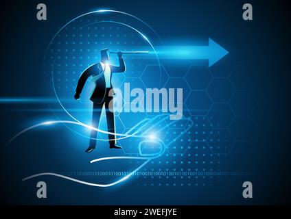 Business concept illustration of digital hand holding a businessman using telescope Stock Vector