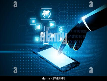 Vector illustration of businessman touching a smart phone screen, the world in your hand, modern, digital technology concept Stock Vector