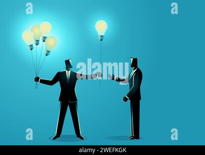 Business concept illustration of a businessman sharing knowledge to another businessman symbolize by light bulb balloon Stock Vector