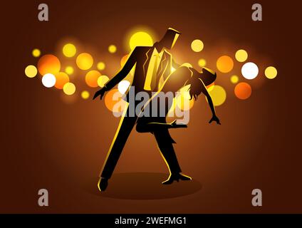 Vector illustration of couple dancing while standing against bokeh light background Stock Vector