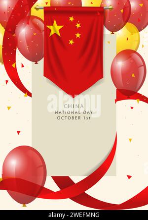 China insignia with decorative balloons and ribbons, China Happy National Day greeting card Stock Vector