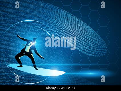 Futuristic illustration of a businessman surfing on binary numbers Stock Vector