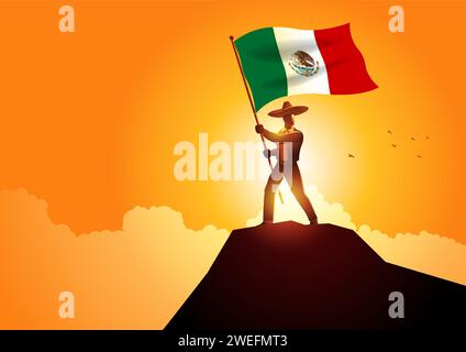 Vector illustration of a Mexican man in sombrero and traditional costume holding the flag of Mexico on mountain peak Stock Vector