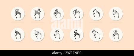 Hands set line icon. Zoom out, zoom in, sensor, touchpad, swipe, control, timer. Pastel color background. Vector icon for business and advertising Stock Vector