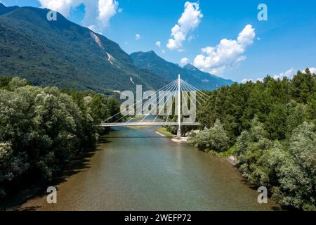 Pedestrian footbridge in the middle of the forest, beautiful architecture comn a great engineering study. The object is located in Switzerland, it is Stock Photo