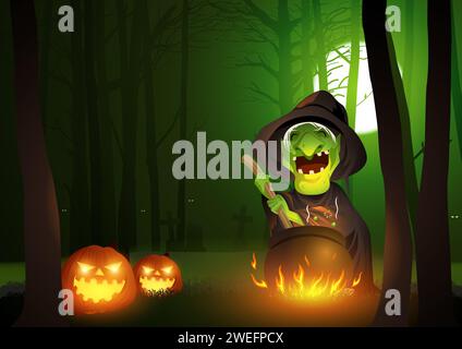 Cartoon illustration of a witch stirring potion in the cauldron in the dark scary woods, for Halloween theme and background Stock Vector