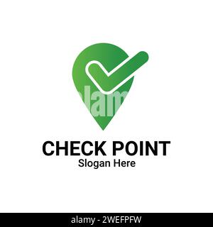 Geo Tag With Check Mark Or Location Point Logo Design. Check Place Logo, Green Tick Mark And Address Pointer Symbol. Position, Location And Destinatio Stock Vector