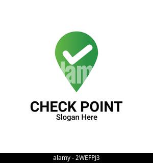 Geo Tag With Check Mark Or Location Point Logo Design. Check Place Logo, Green Tick Mark And Address Pointer Symbol. Position, Location And Destinatio Stock Vector