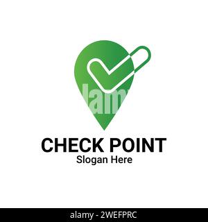 Geo Tag With Check Mark Or Location Point Logo Design. Check Place Logo, Green Tick Mark And Address Pointer Symbol. Position, Location And Destinatio Stock Vector