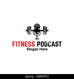 Fitness Podcast Logo Design With Microphone And Dumbbelles Sign. Creative Motivational GYM Podcasting Logo. Health and Fitness Talk show Symbol. Stock Vector