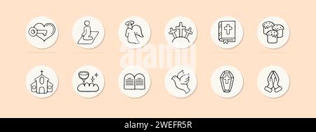 Christianity set line icon. Sermon, heart, cross, angel, halo, bible, flock, tombstone. Pastel color background Vector icon for business and advertisi Stock Vector