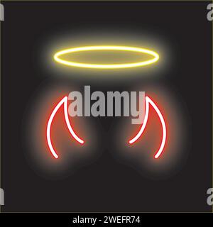 neon red devil horns with angel halo ring in yellow color for decoration, party, games, devil - angel theme on black background Stock Vector