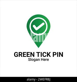 Geo Tag With Check Mark Or Location Point Logo Design. Check Place Logo, Green Tick Mark And Address Pointer Symbol. Position, Location And Destinatio Stock Vector