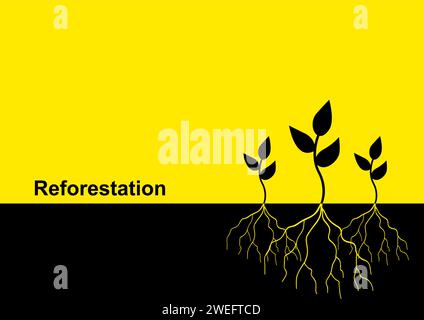 Vector illustration of young trees with root, reforestation theme Stock Vector