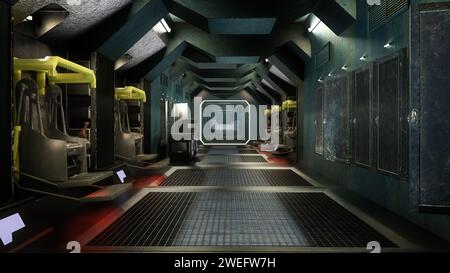 Dark moody futuristic science fiction fantasy space ship interior. 3D illustration. Stock Photo