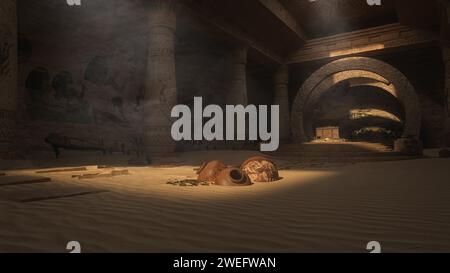 Inside an ancient Egyptian tomb or temple ruin with sun rays coming through the roof. 3D rendering. Stock Photo