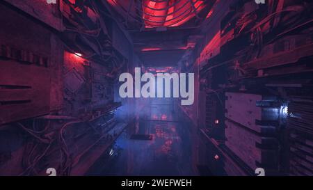 Dark moody cyberpunk sci-fi tunnel in an alien space ship or station. 3D rendering. Stock Photo