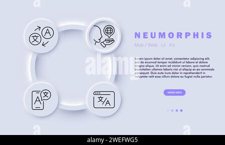 Translator set line icon. Language, foreigner, work, dictionary, person, synchronized interpreter. Neomorphism style. Vector icon for business and adv Stock Vector