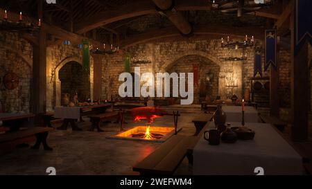 Medieval dining hall with hog roasting on an open fire. 3D rendering. Stock Photo