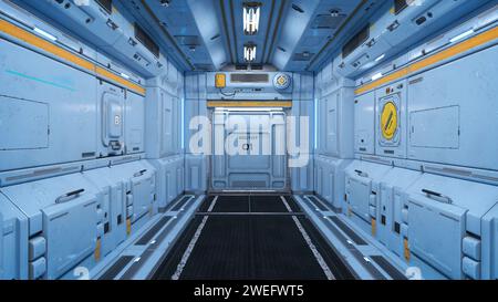Futuristic corridor with blue metallic walls in a sci-fi fantasy space ship or station. 3D illustration. Stock Photo