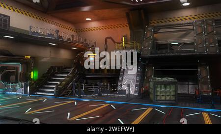 Dark future fantasy science fiction military hangar interior. 3D illustration. Stock Photo