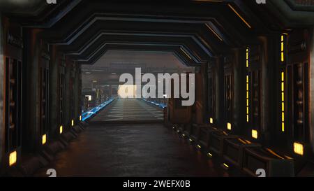 Dark atmospheric tunnel inside a futuristic sci-fi space station building. 3D rendering. Stock Photo