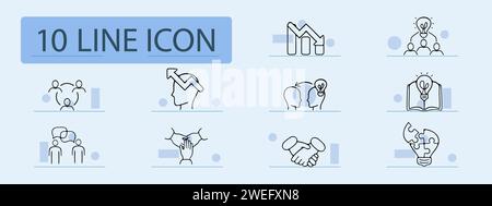 Group work set line icon. Corporation, idea generation, team, brainstorming, training, advanced training. Pastel color background. Vector icon for bus Stock Vector