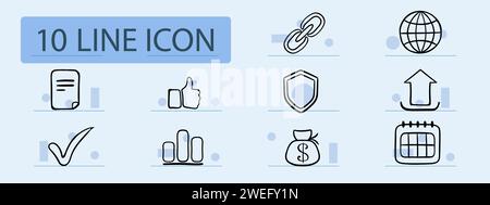 Internet set line icon. Planet, checkmark, shield, verification, dog, light bulb, share, call. Pastel color background. Vector icon for business and a Stock Vector