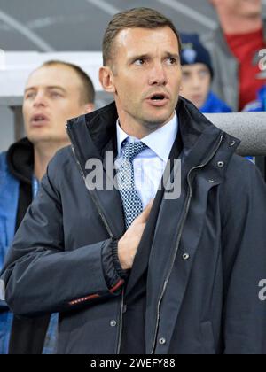 Kyiv, Ukraine. 14th Oct, 2019. Ukraine coach Andriy Shevchenko, seen during the Euro qualifying soccer match between Ukraine and Portugal at the Olympic stadium. Legendary football player and former head coach of the Ukrainian national team Andriy Shevchenko has been officially elected as president of the Ukrainian Association of Football (UAF). (Photo by Aleksandr Gusev/SOPA Images/Sipa USA) Credit: Sipa USA/Alamy Live News Stock Photo