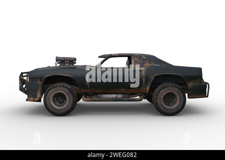 Fantasy futuristic post apocalyptic car. Side view 3D illustration isolated on a white background. Stock Photo