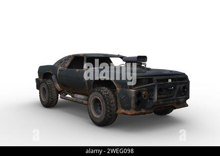 Fantasy future post apocalyptic rusty car. 3D illustration isolated on a white background. Stock Photo