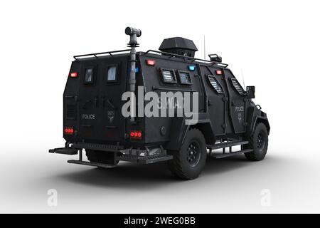 Armoured police SWAT vehicle viewed from rear corner. 3D illustration isolated on a white background. Stock Photo