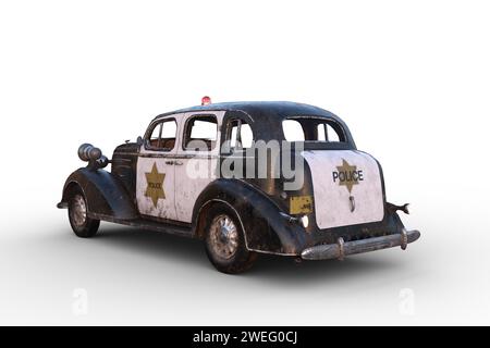 Rear corner view of a rusty dirty old vintage black and white police car. 3D illustration isolated on a white background. Stock Photo