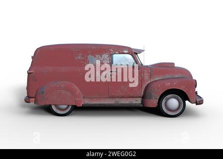 An old vintage American panel van with faded and peeling red paintwork. Side view 3D illustration isolated on a white background. Stock Photo