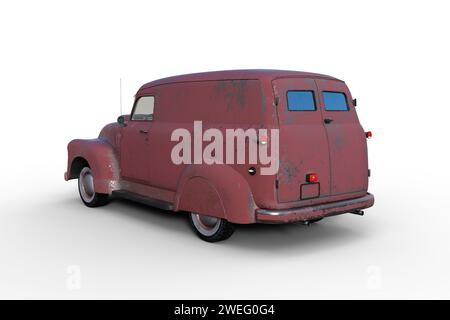 An old vintage American panel van with faded and peeling red paintwork. Rear corner 3D illustration isolated on a white background. Stock Photo