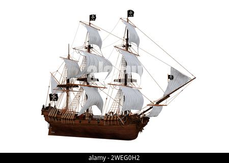 Old wooden pirate sailing ship. 3D illustration isolated on a white background. Stock Photo